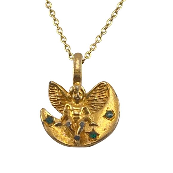 Vintage Gold-Tone Angel Pendant Necklace With Green Accents On 16" Chain - Picture 6 of 6